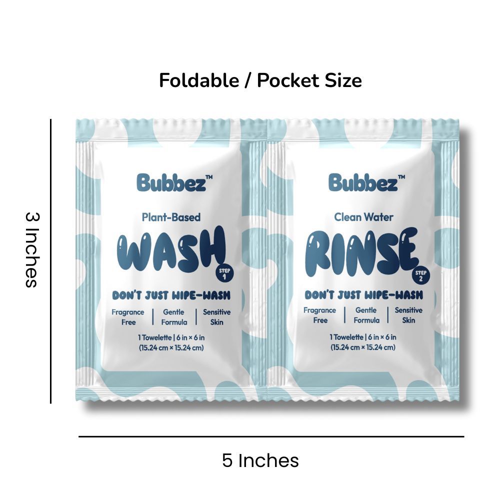 Bubbez plant-based wash and rinse packets with dimensions on a white background