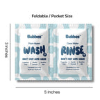 Bubbez plant-based wash and rinse packets with dimensions on a white background