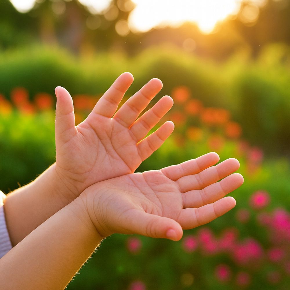 Two hands reaching towards each other with a blurred natural background
