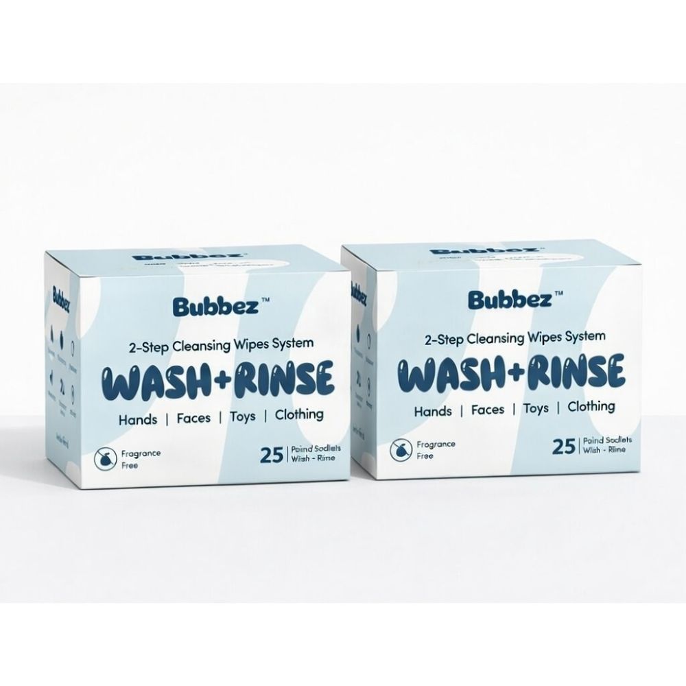 Two boxes of Bubbez 2-step cleansing wipes system on a white background
