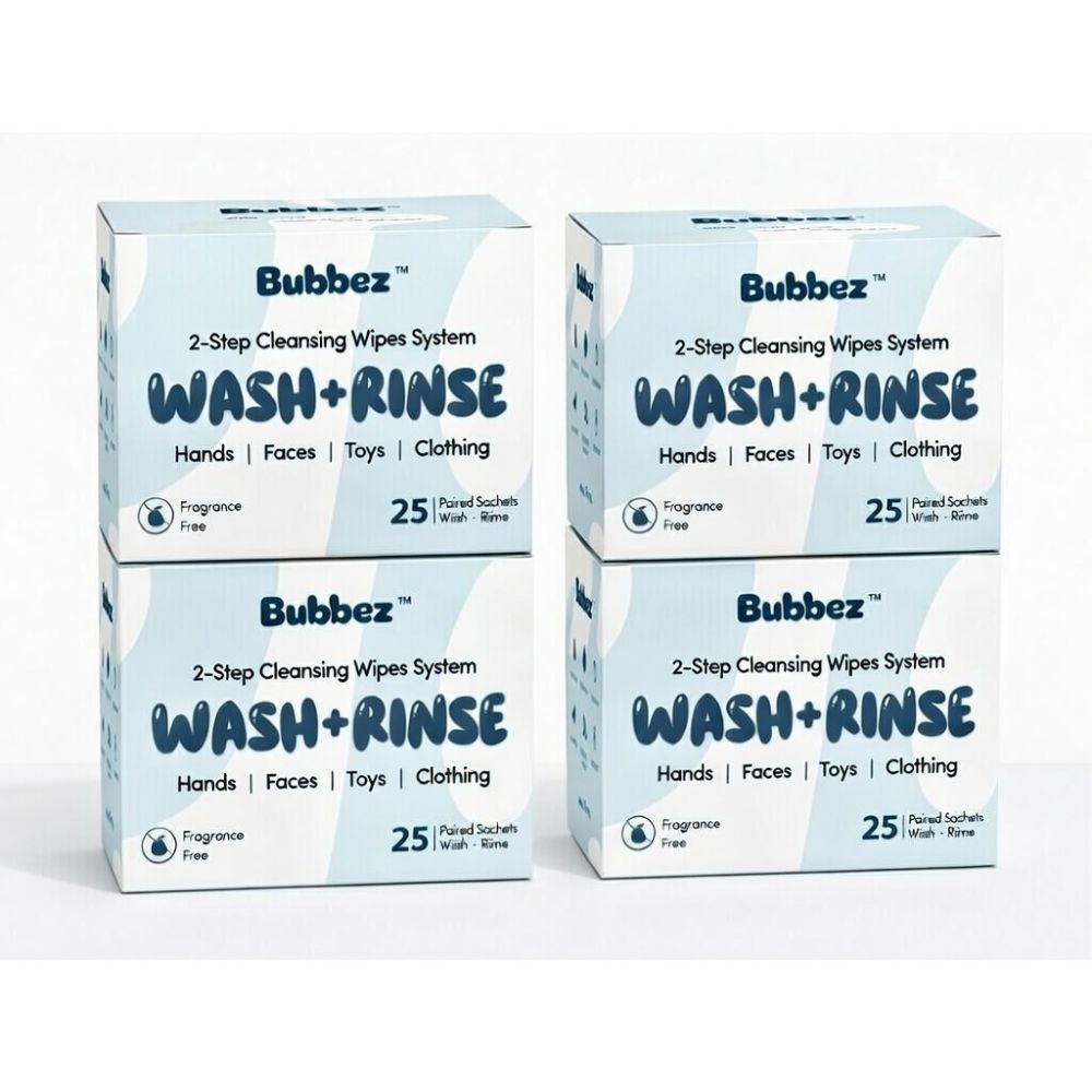 Four boxes of Bubbez 2-step cleansing wipes system on a white background