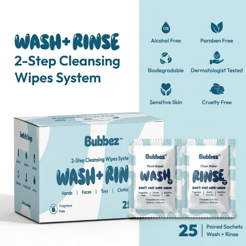 Bubbez 2-step cleansing wipes system packaging on a light blue background
