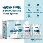 Bubbez 2-step cleansing wipes system packaging on a light blue background