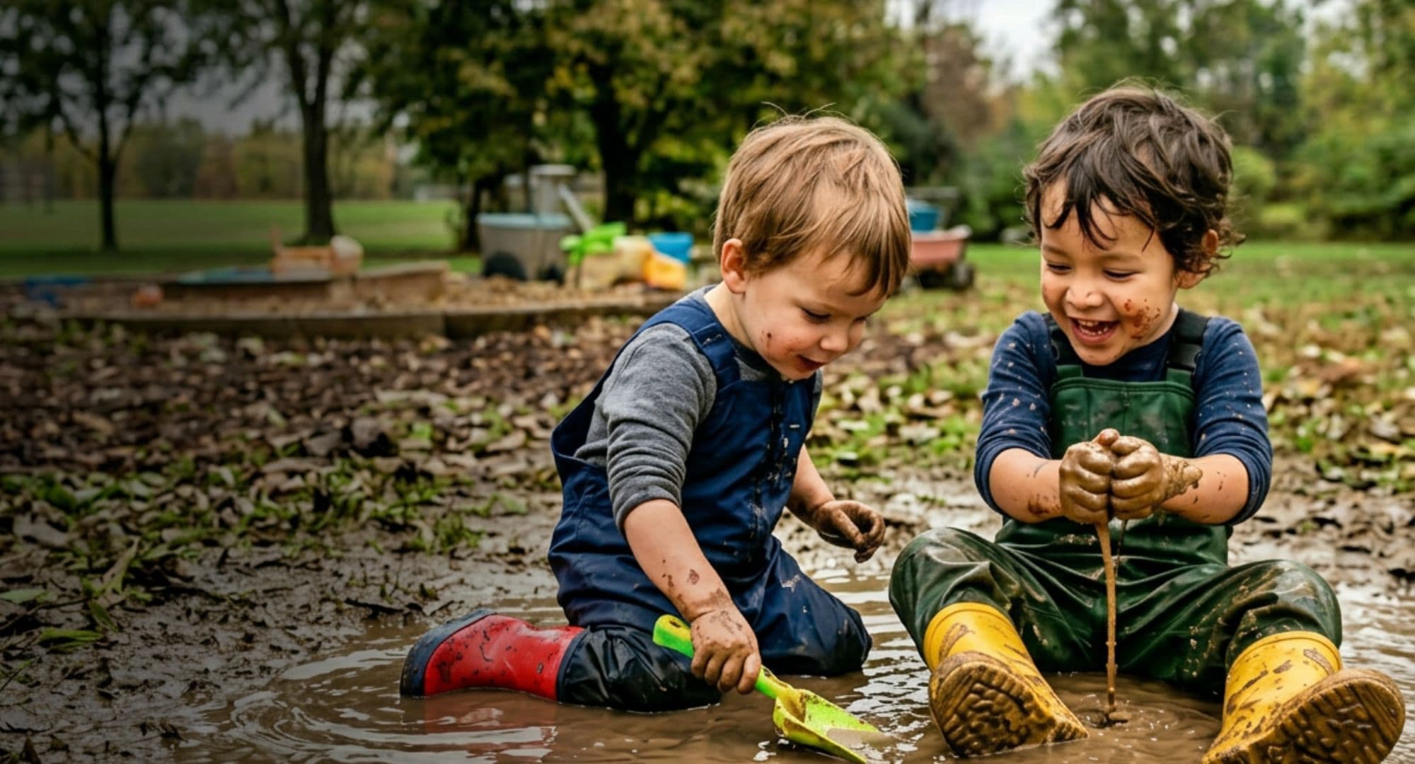 Two children playing in a muddy puddle outdoors