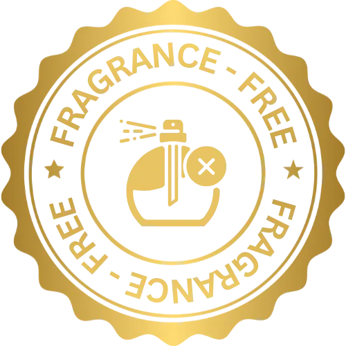 Gold and white 'Fragrance-Free' label with a bottle icon on a white background