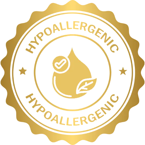 Hypoallergenic badge with gold border and central icon on a white background