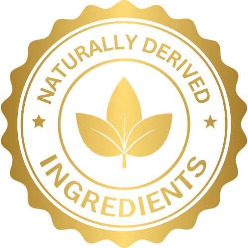 Gold emblem with 'Naturally Derived Ingredients' text and a leaf symbol on a white background