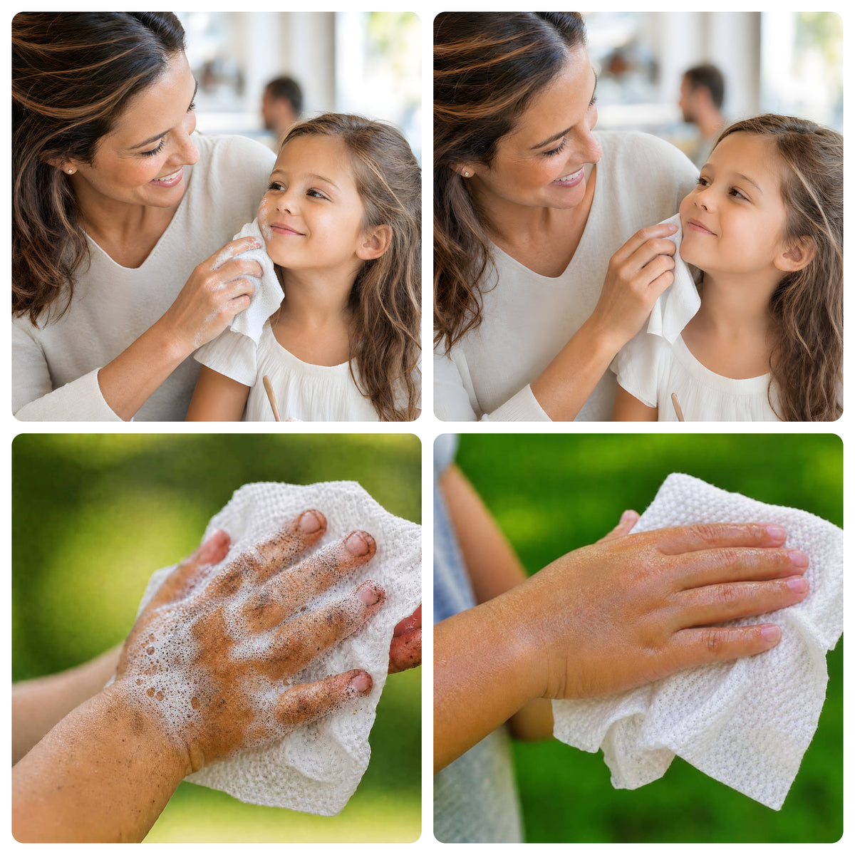 Four images of Bubbez WASH and RINSE wipes being used. Top row shows a mother cleaning a girls face with the bubbez wash wipe and rinse wipe. Bottom row shows a childs hands dirty using the wash wipes and clean using the texutred rinse wipe.