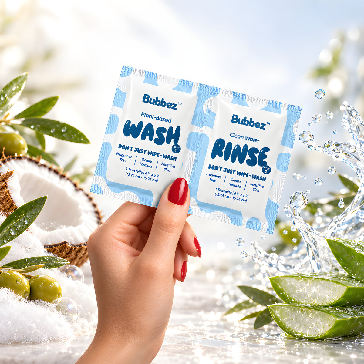 A hand holds an unopened Bubbez WASH and RINSE twin sachet above a counter, framed by coconut, olives, aloe leaves and splashing water.