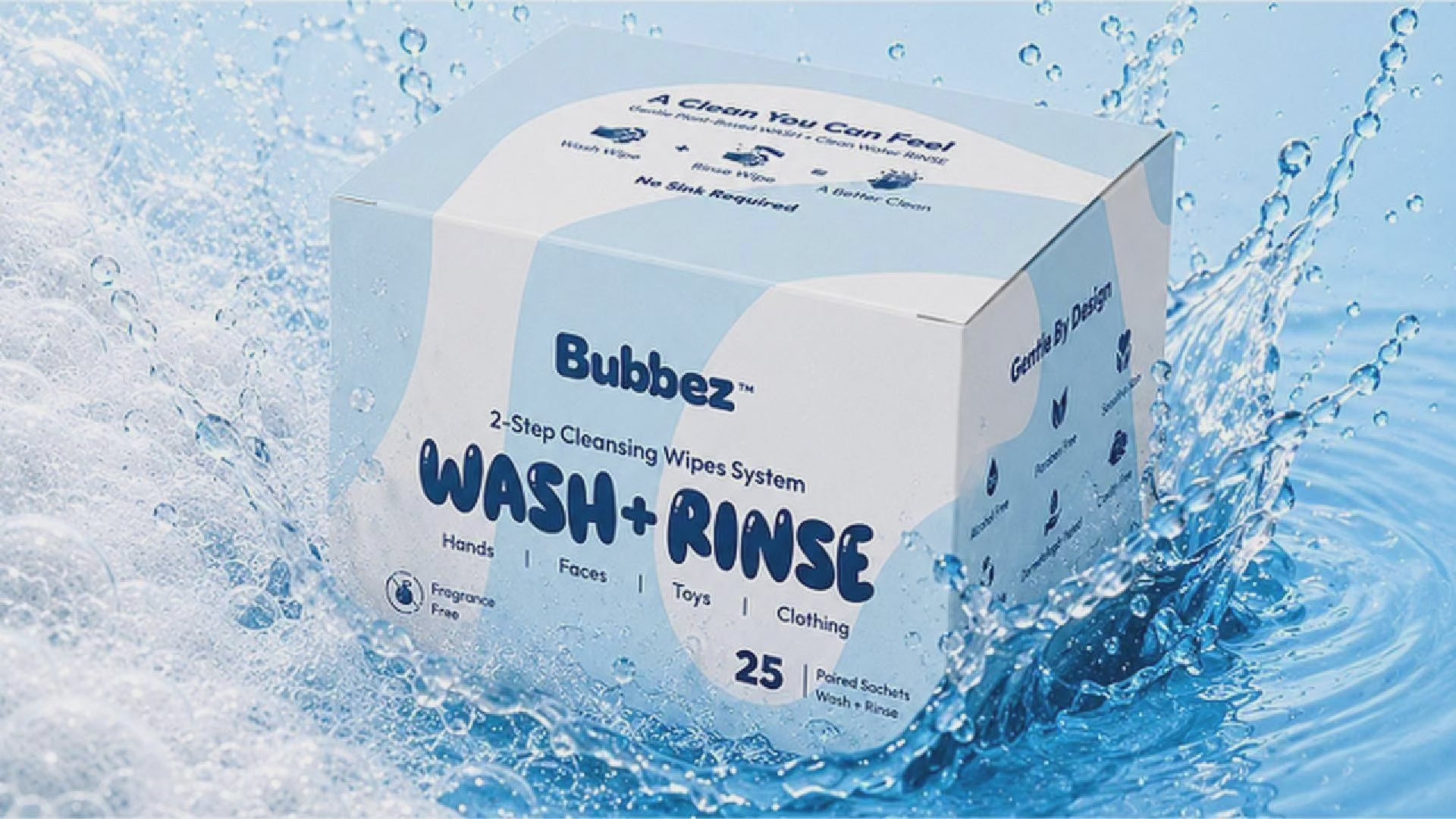 Womans hands showing complete demo of Bubbez Wash and Rinse 2-step Cleansing Wipes System