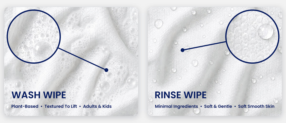 Two cards side by side comparing the Bubbez wipes. The WASH WIPE card magnifies a lathering textured surface and is labelled Plant-Based and Textured To Lift. The RINSE WIPE card magnifies a surface carrying water droplets and is labelled Minimal Ingredients.